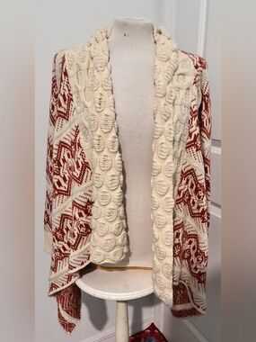 My Beloved Cream and Rust Patterned Open-Front Cardigan S/M